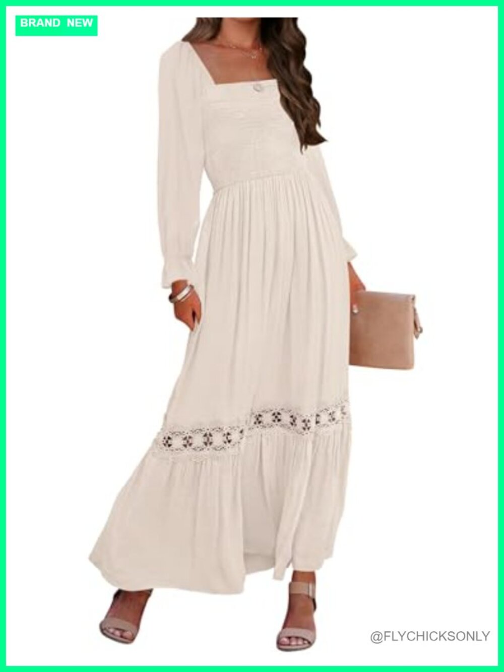 Boho Long Sleeve Fall Maxi Dress Smocked Square Neck Lace Trim